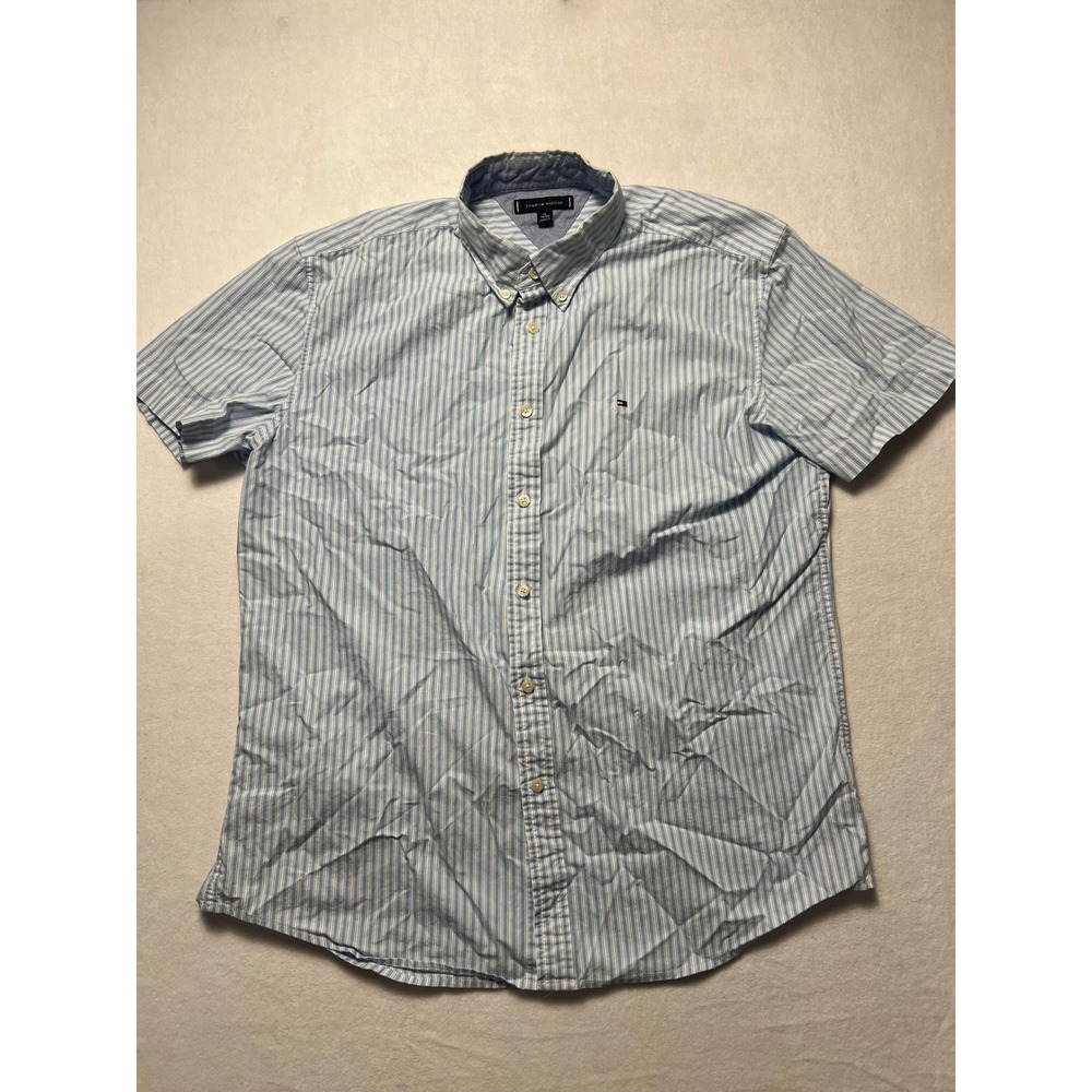 Tommy Hilfiger XL Button Down Shirt Preppy Blue White Striped Short Sleeve